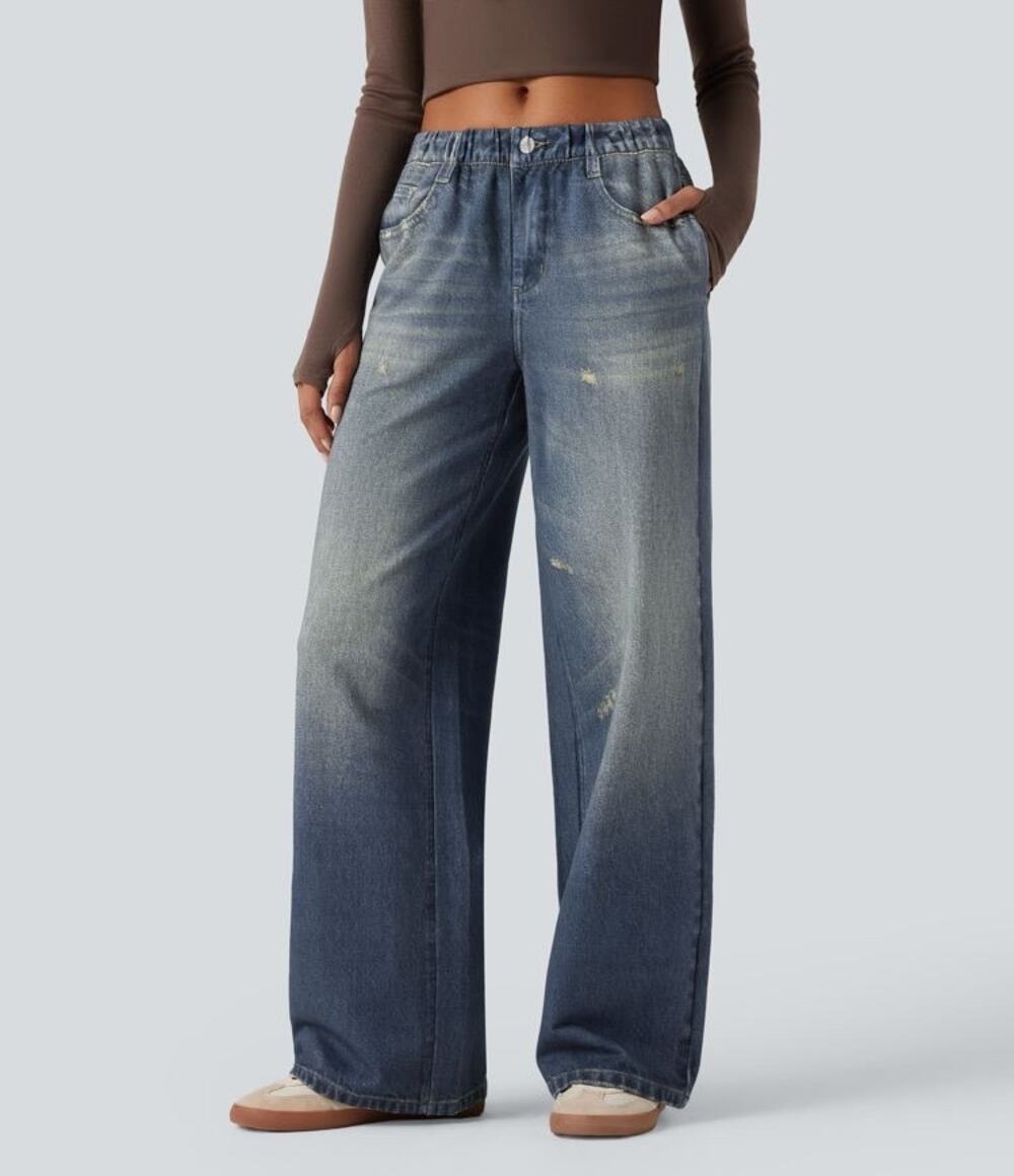 Halara L Regular Denim Print Wide Leg French Terry Sweatpants Jogger Jeans NWT